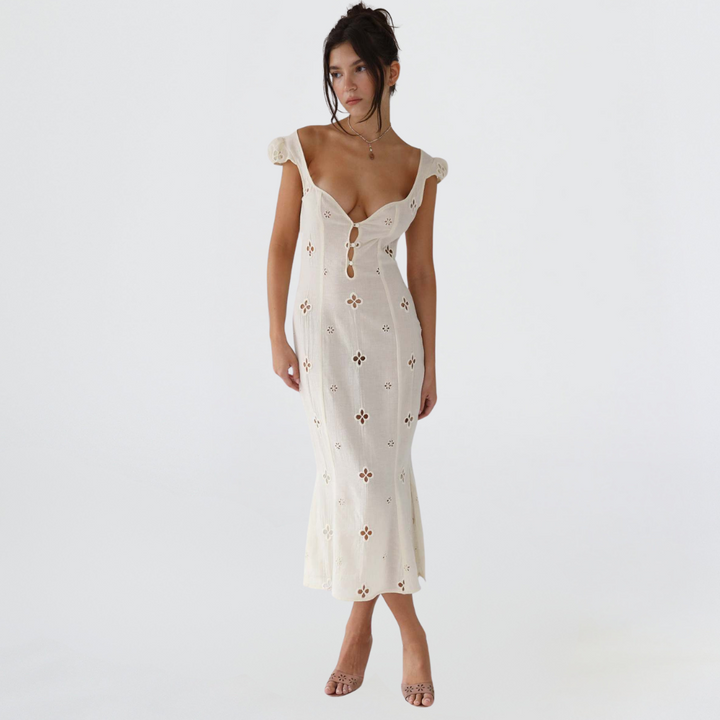 Women's Cream Midi Dress with Button Front and Cut Out