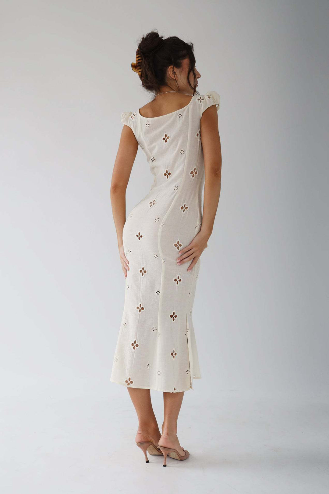 Women's Cream Midi Dress with Button Front and Cut Out