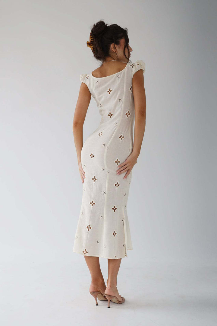Women's Cream Midi Dress with Button Front and Cut Out