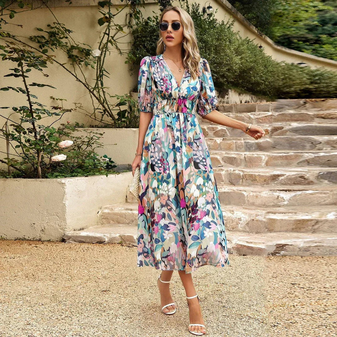 Ingrid | Midi Wedding Guest Dress with Floral Print and V-Neck