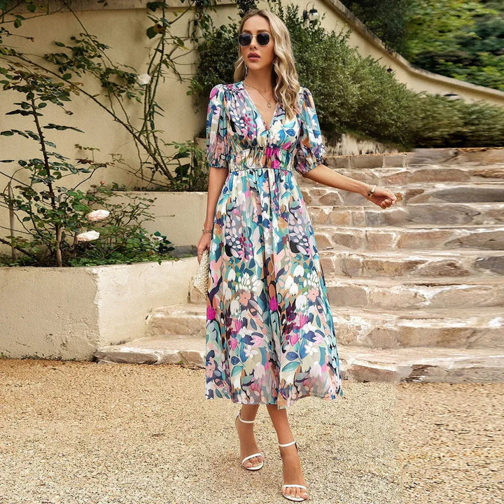 Ingrid | Midi Wedding Guest Dress with Floral Print and V-Neck