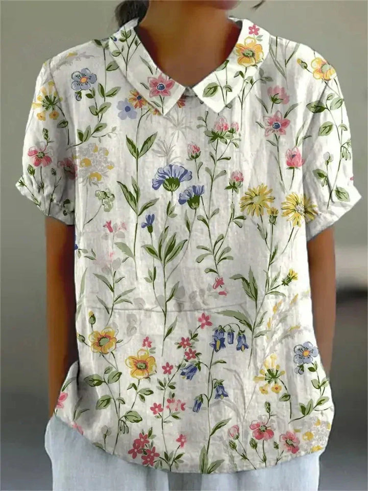 Meg | Floral Print Top with Polo Collar and Short Sleeves