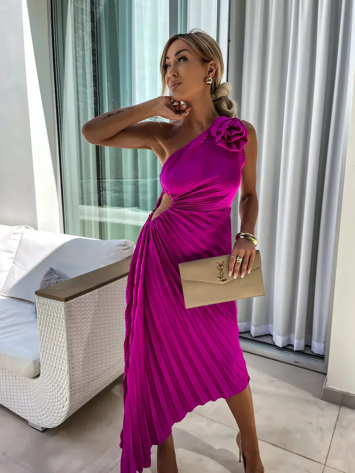 Lizbeth | Midi Wedding Guest Dress with One Shoulder and Pleated Skirt