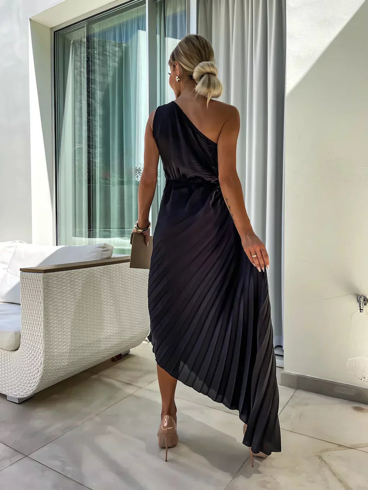Lizbeth | Midi Wedding Guest Dress with One Shoulder and Pleated Skirt