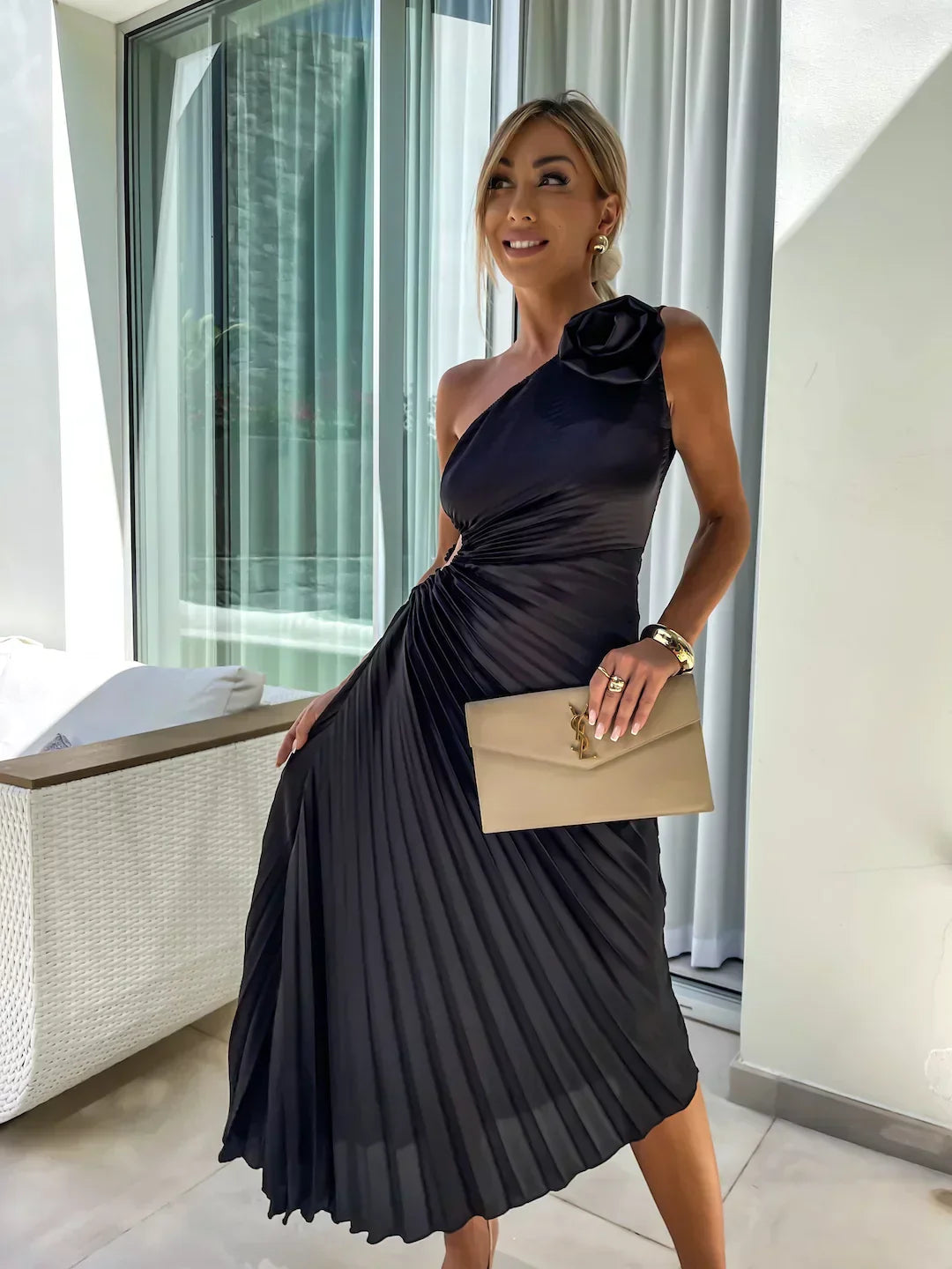 Lizbeth | Midi Wedding Guest Dress with One Shoulder and Pleated Skirt