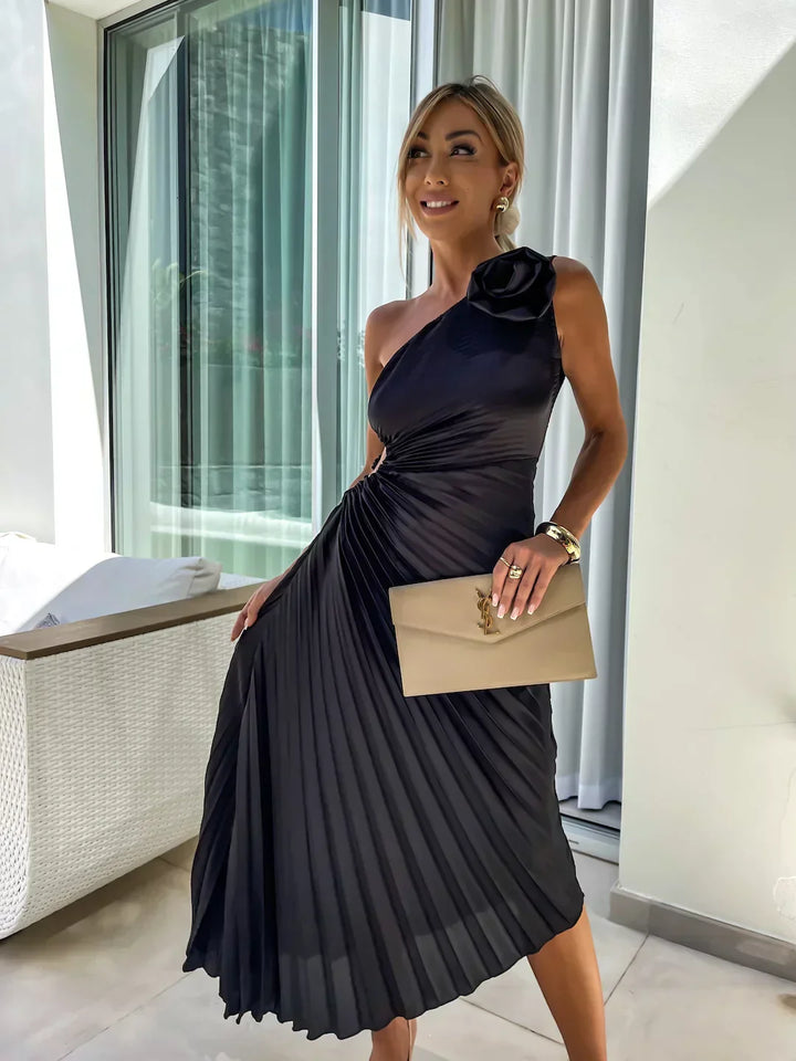 Lizbeth | Midi Wedding Guest Dress with One Shoulder and Pleated Skirt