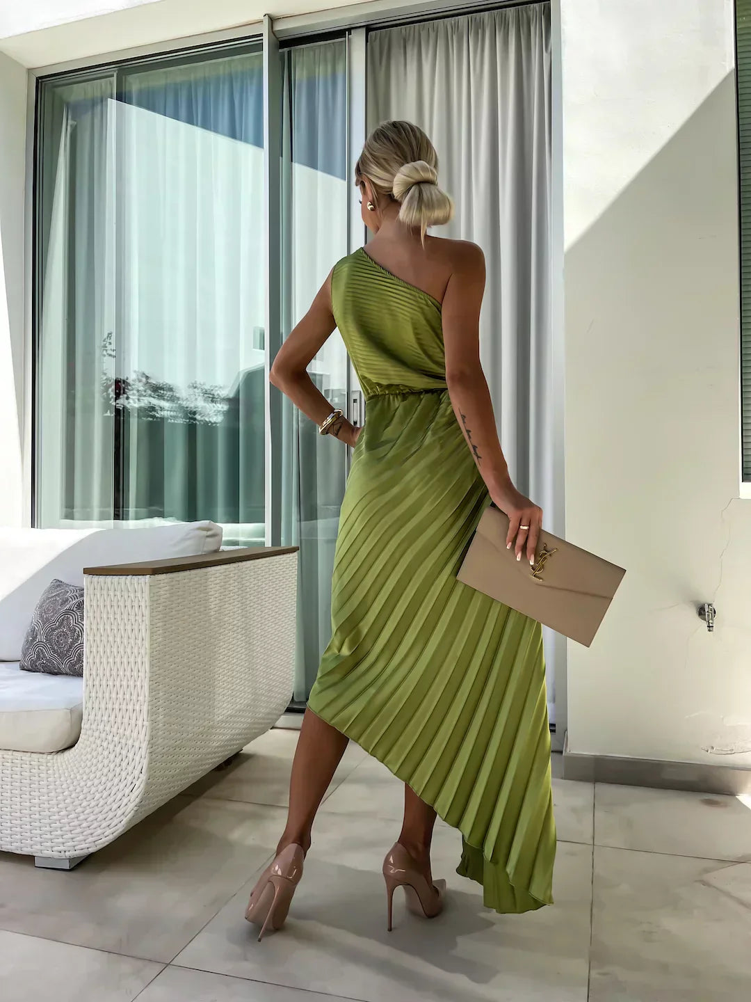 Lizbeth | Midi Wedding Guest Dress with One Shoulder and Pleated Skirt