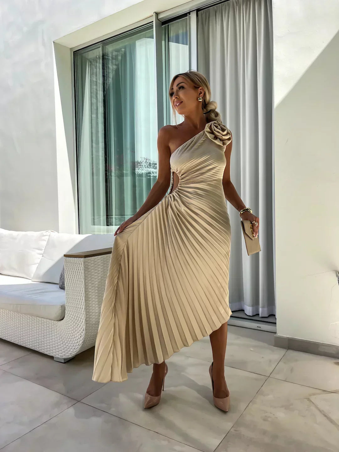 Lizbeth | Midi Wedding Guest Dress with One Shoulder and Pleated Skirt