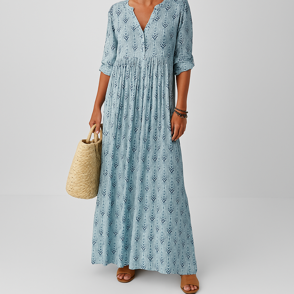 Women's Boho Print Maxi Dress with Roll-Up Long Sleeves