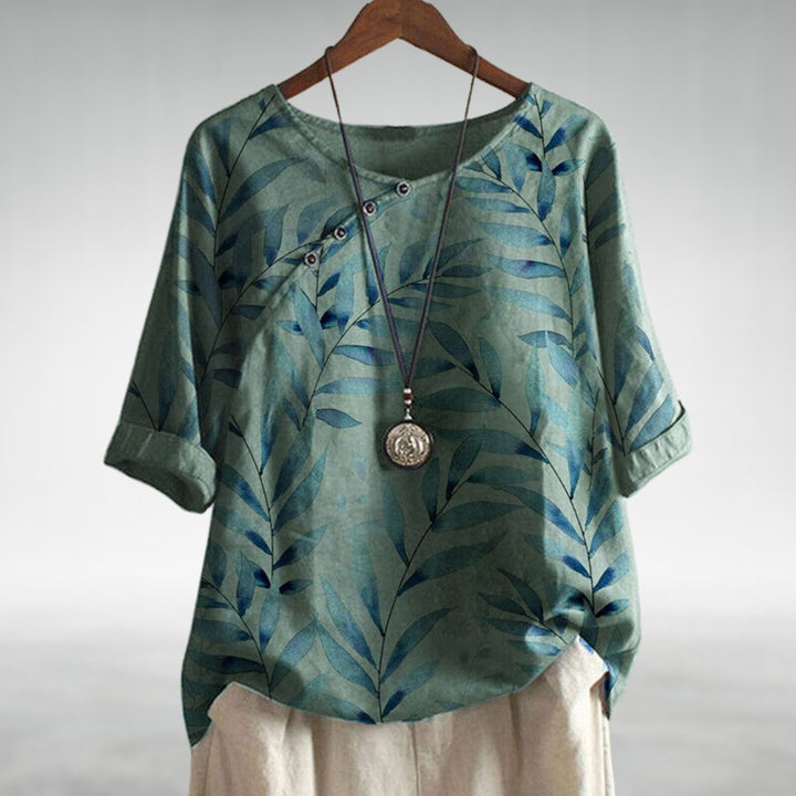 Willa | Leaf Print Blouse with Round Neckline and Short Sleeves