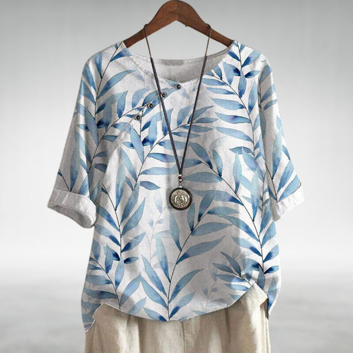 Willa | Leaf Print Blouse with Round Neckline and Short Sleeves
