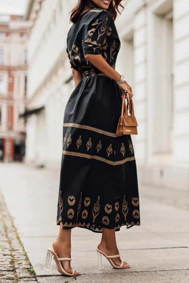 Frances | Boho Midi Dress Printed Belted