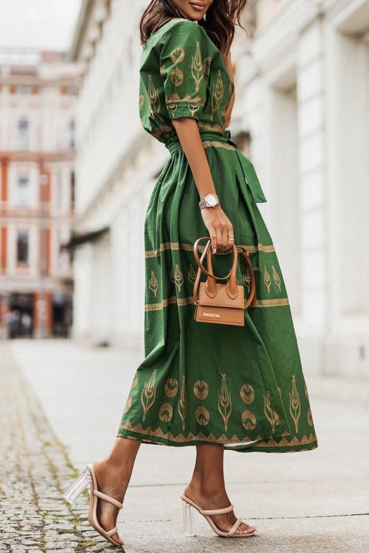 Frances | Boho Midi Dress Printed Belted