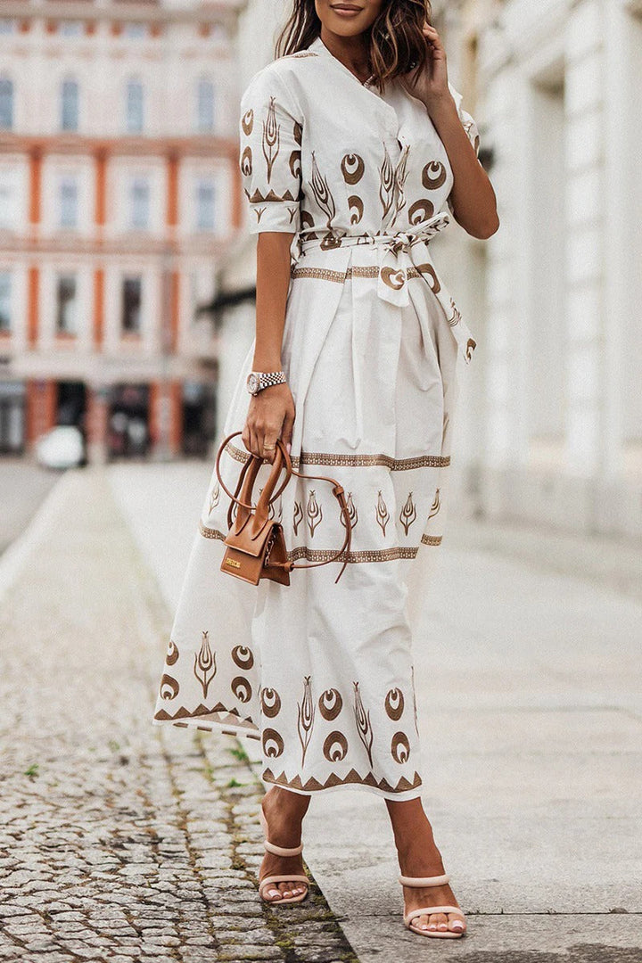 Fiona | Midi Summer Dress with Abstract Print and Belted Waist