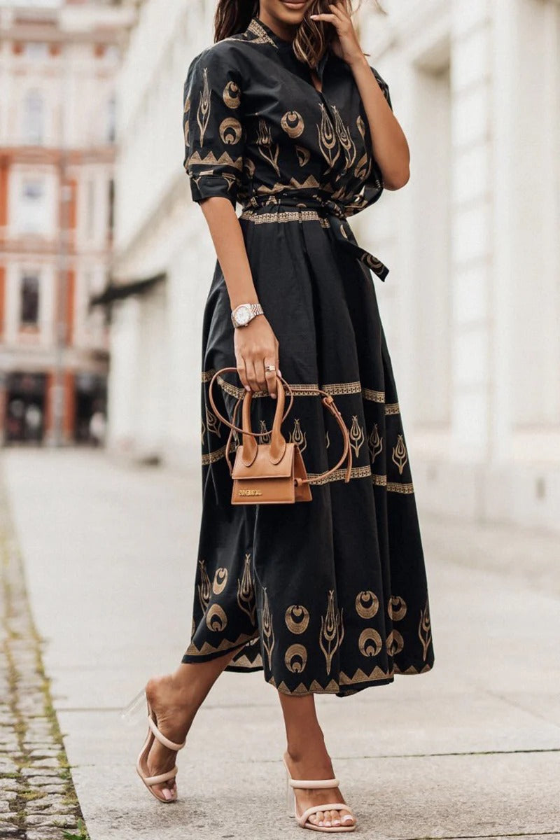 Frances | Boho Midi Dress Printed Belted