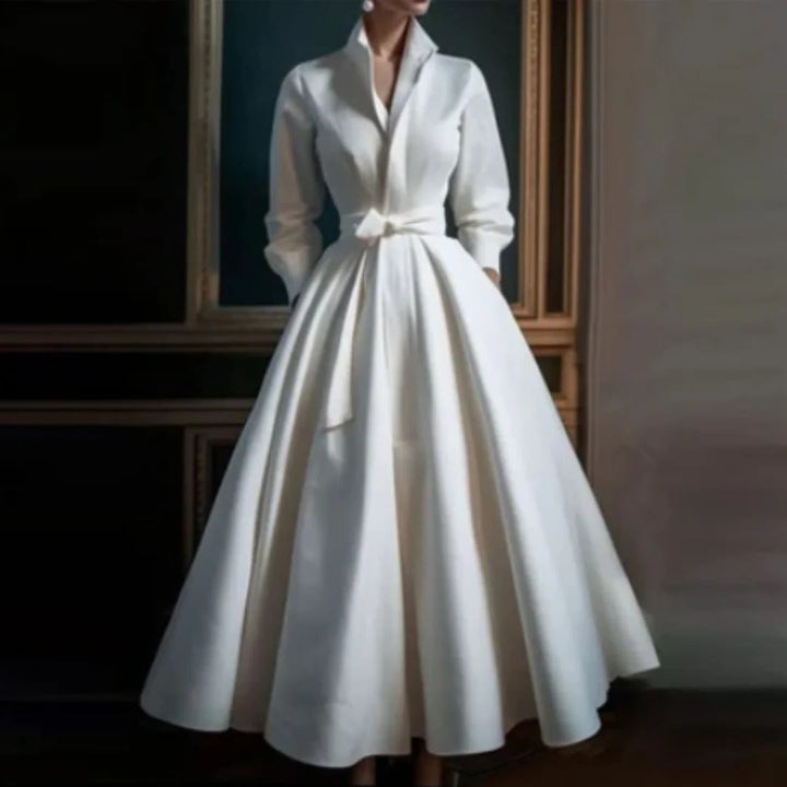 Audrey | Maxi Wedding Guest Dress with Collared Neck and Belted Waist