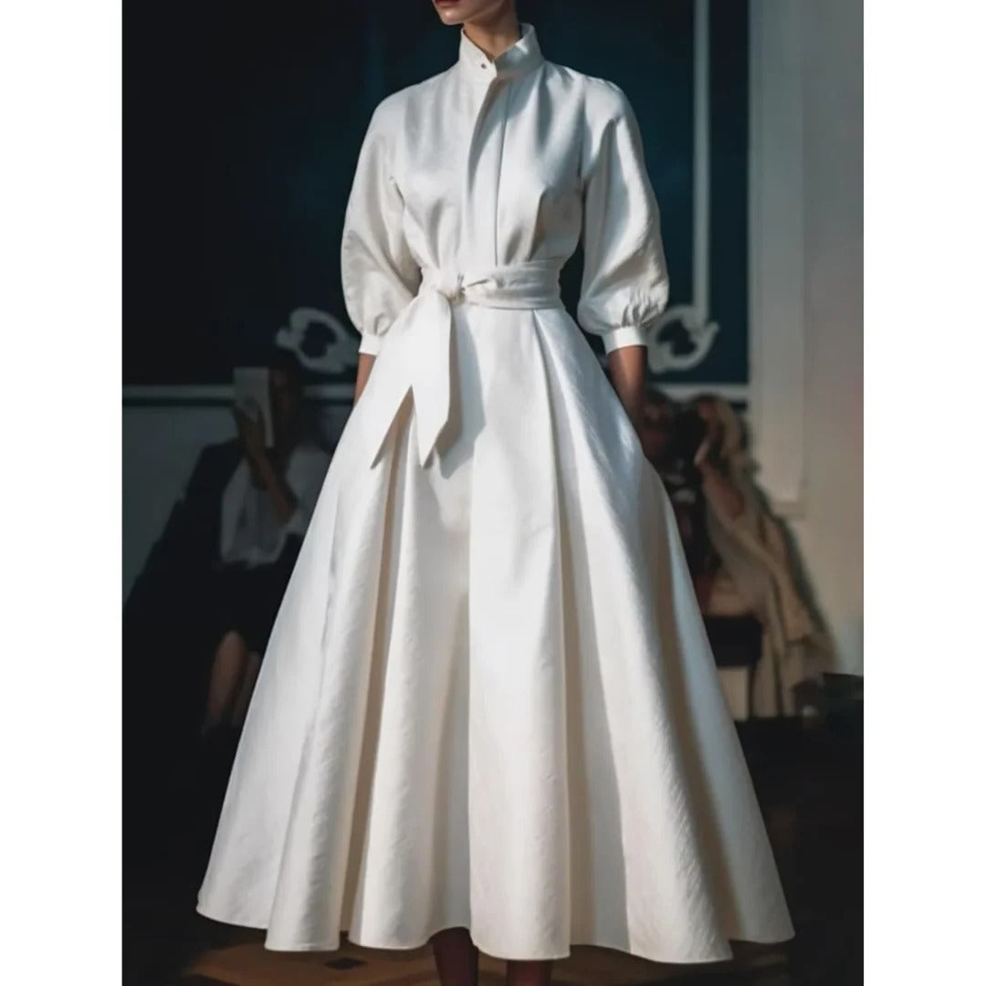 Audrey | Maxi Wedding Guest Dress with Collared Neck and Belted Waist