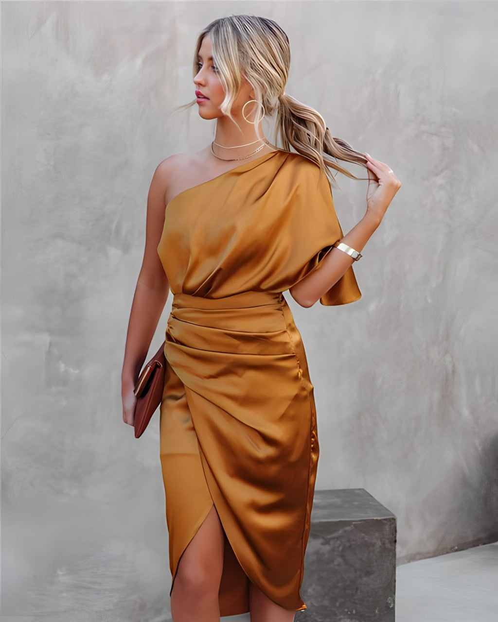Ava | Midi Wedding Guest Dress with One Shoulder and Draped Bodice