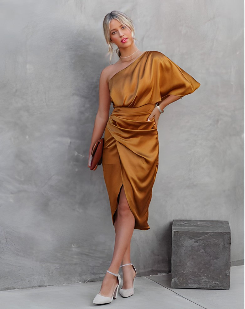Ava | Midi Wedding Guest Dress with One Shoulder and Draped Bodice