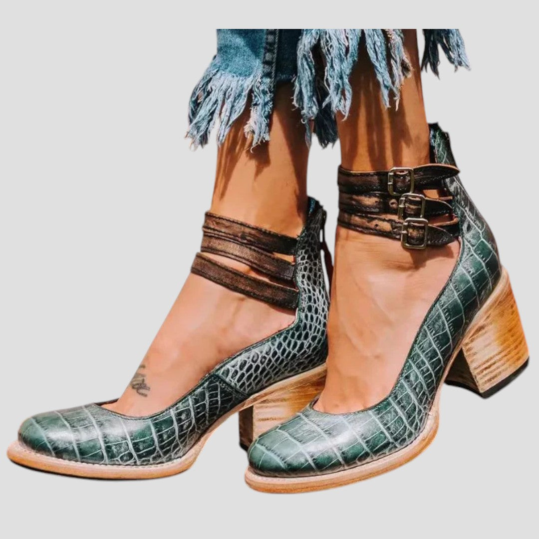 Women's Closed Toe Block Heel with Buckle Strap