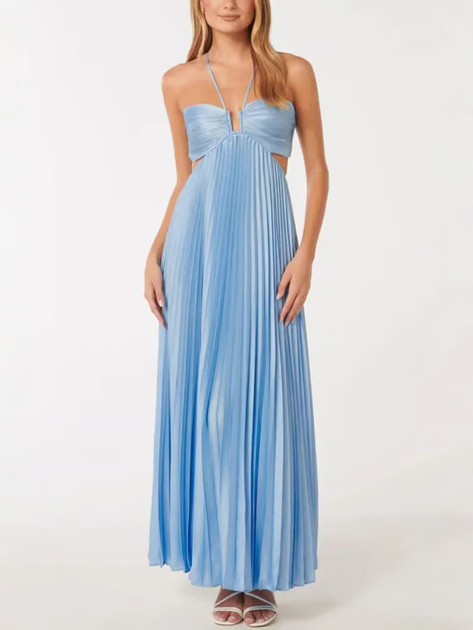 Women's Blue Pleated Maxi Dress Strapless with Side Cutout