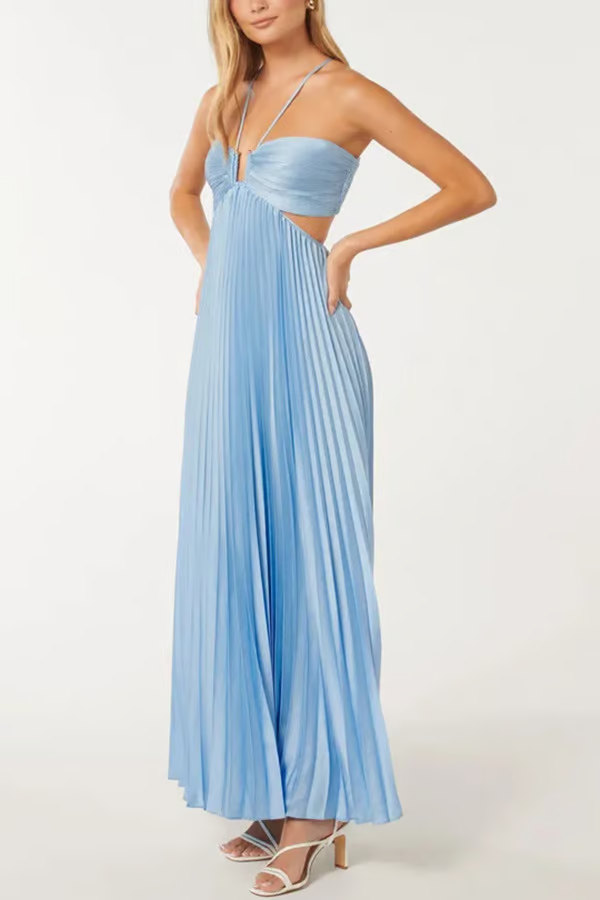 Women's Blue Pleated Maxi Dress Strapless with Side Cutout
