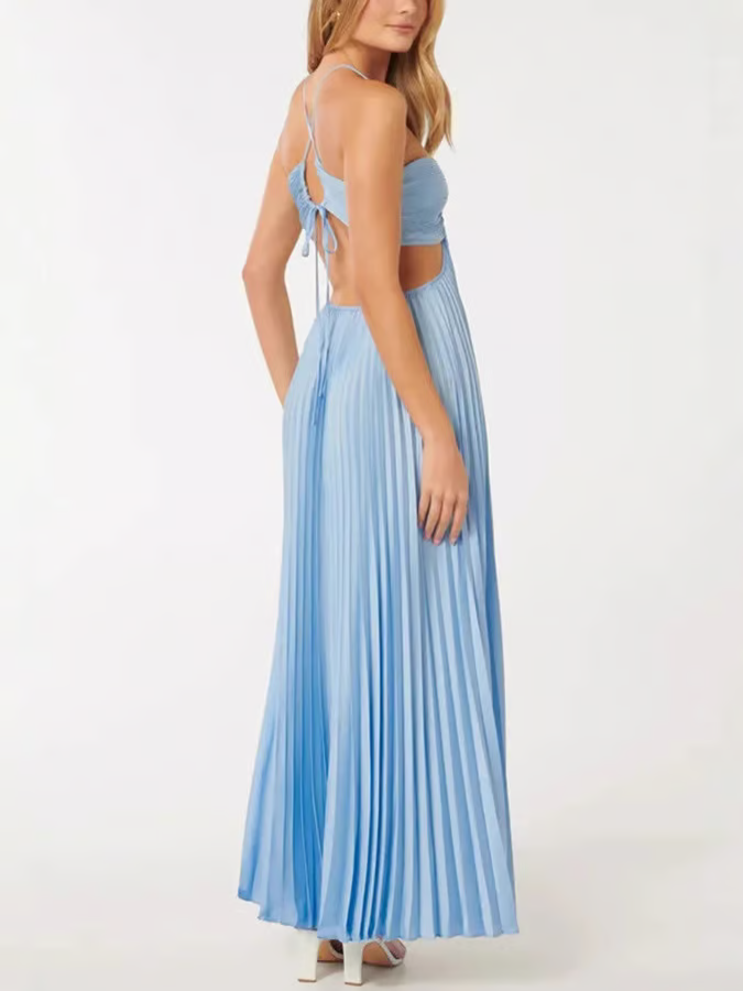 Women's Blue Pleated Maxi Dress Strapless with Side Cutout