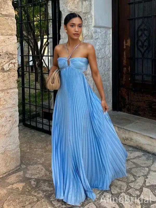 Women's Blue Pleated Maxi Dress Strapless with Side Cutout