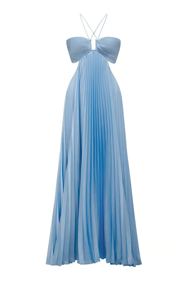 Women's Blue Pleated Maxi Dress Strapless with Side Cutout