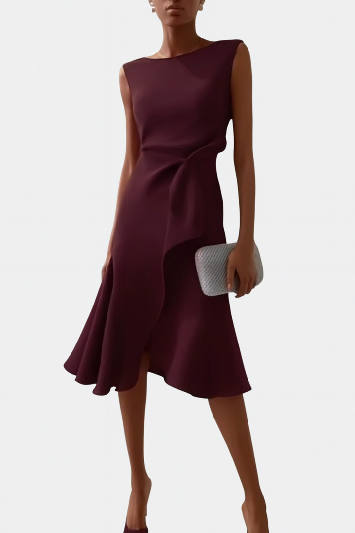 Sheila | Midi Cocktail Dress with Asymmetric Hem and Draped Bodice