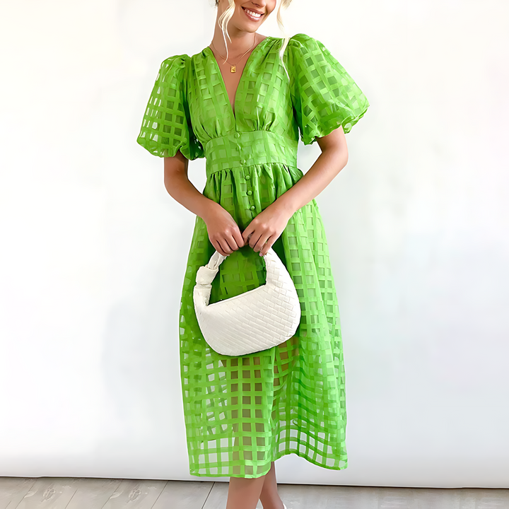 Juli | Midi Summer Dress with V-Neck and Puff Sleeves