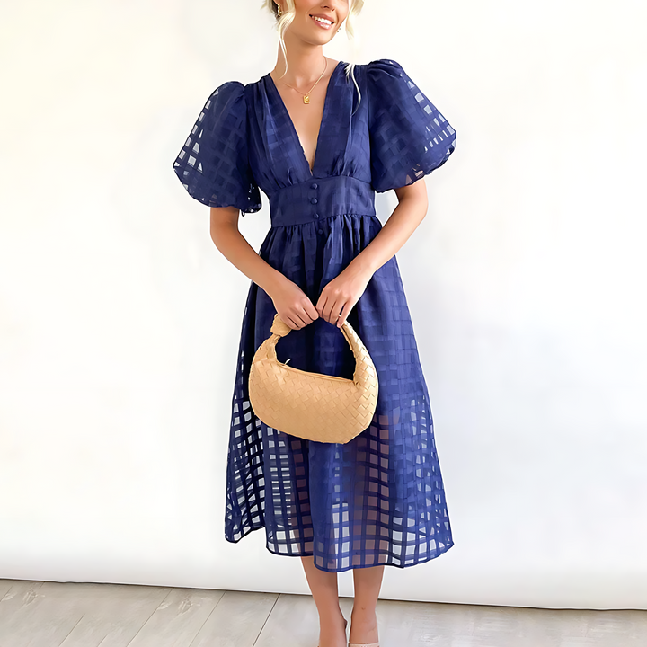 Juli | Midi Summer Dress with V-Neck and Puff Sleeves