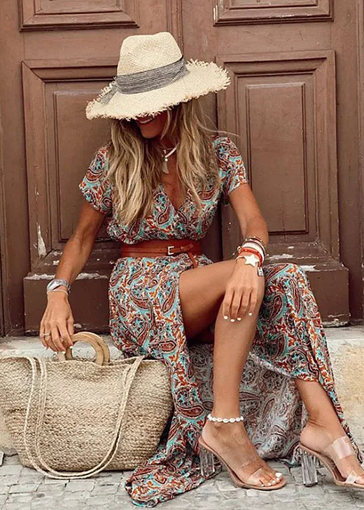Women's Boho Maxi Dress with Belted Waist and Front Slit