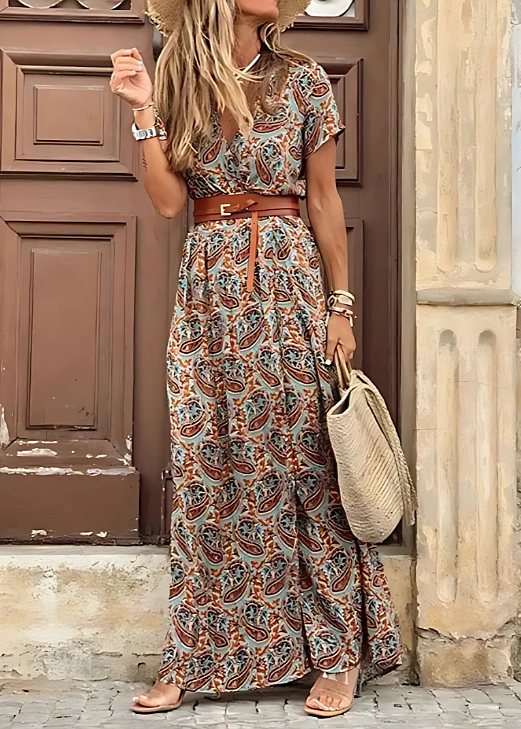 Women's Boho Maxi Dress with Belted Waist and Front Slit