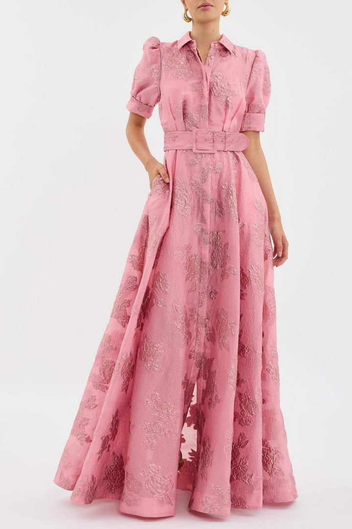 Women's Pink Button Front Belted Maxi Dress with Puff Sleeve