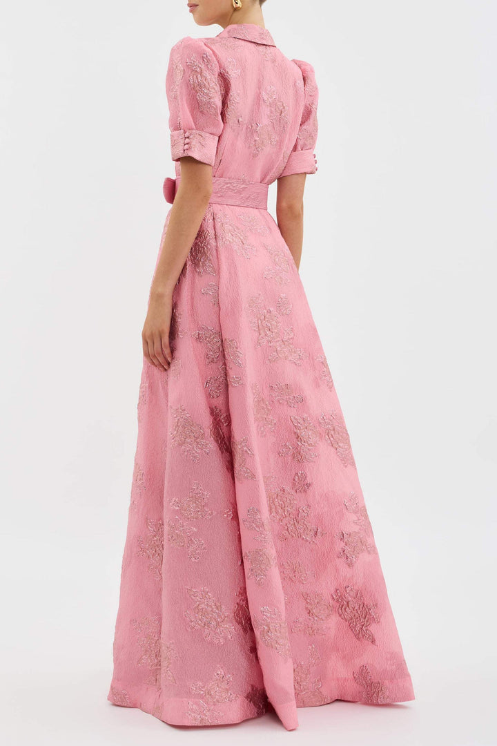 Women's Pink Button Front Belted Maxi Dress with Puff Sleeve