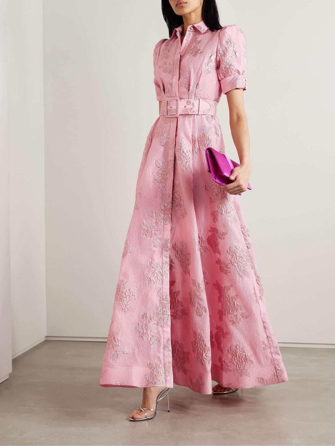 Women's Pink Button Front Belted Maxi Dress with Puff Sleeve