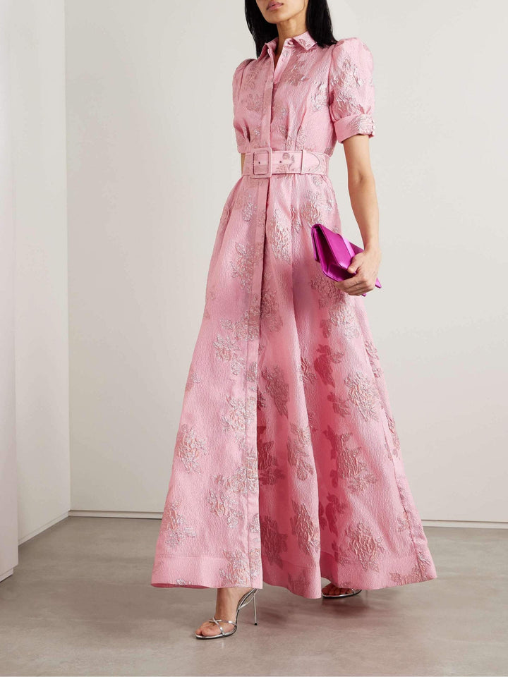 Women's Pink Button Front Belted Maxi Dress with Puff Sleeve