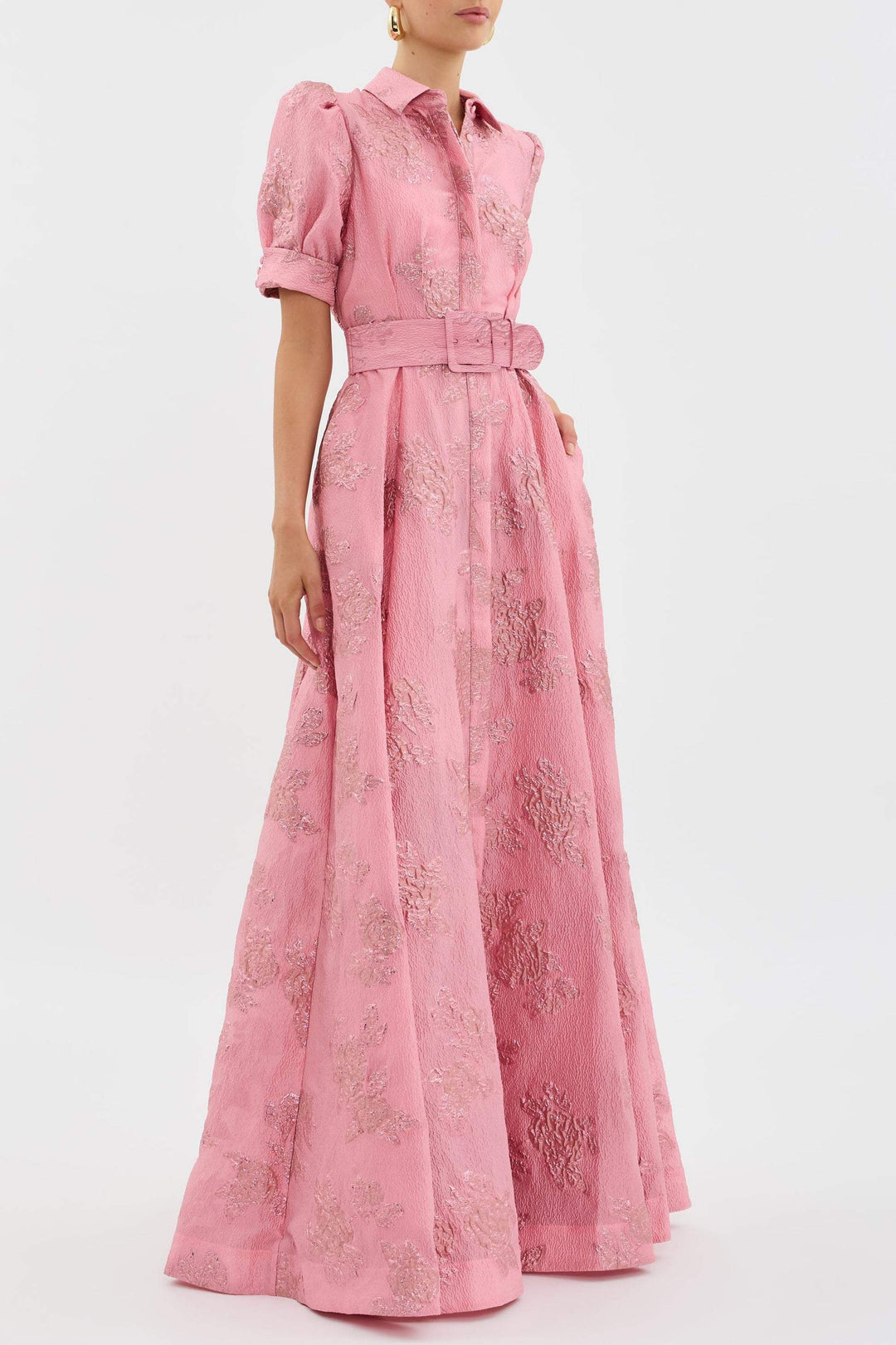Women's Pink Button Front Belted Maxi Dress with Puff Sleeve