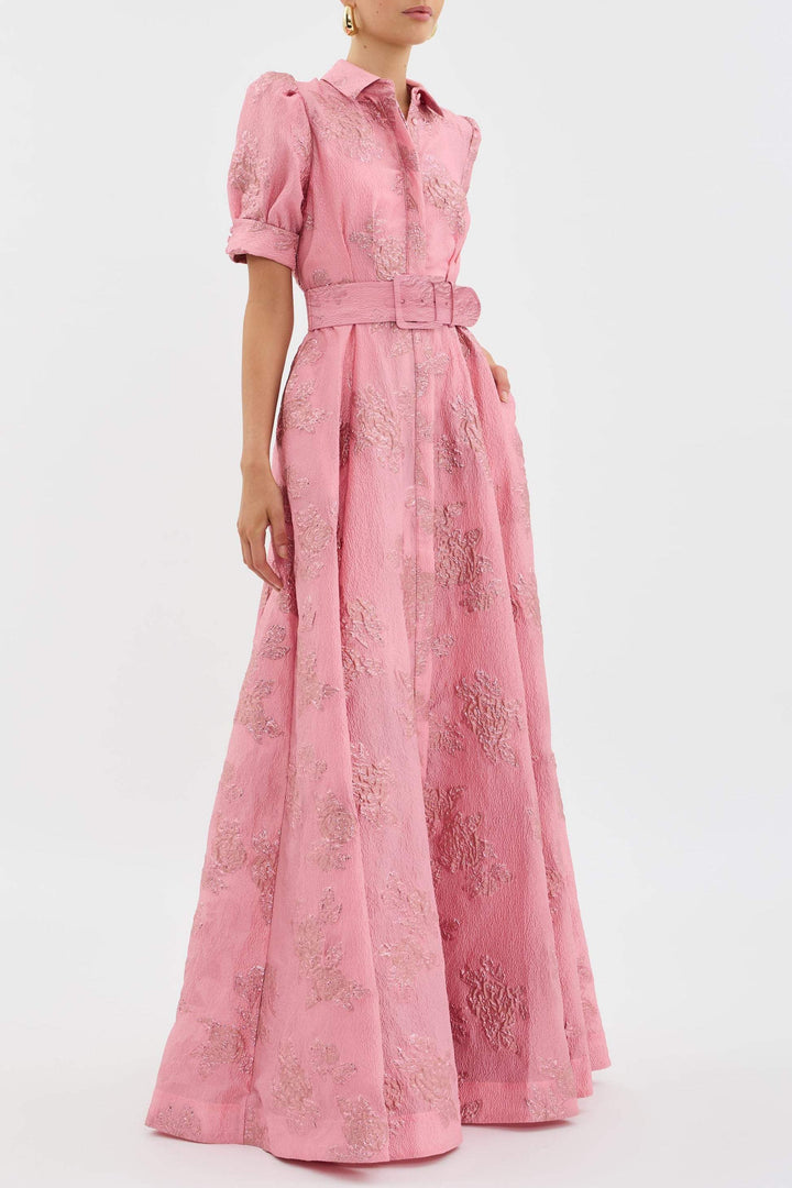 Women's Pink Button Front Belted Maxi Dress with Puff Sleeve