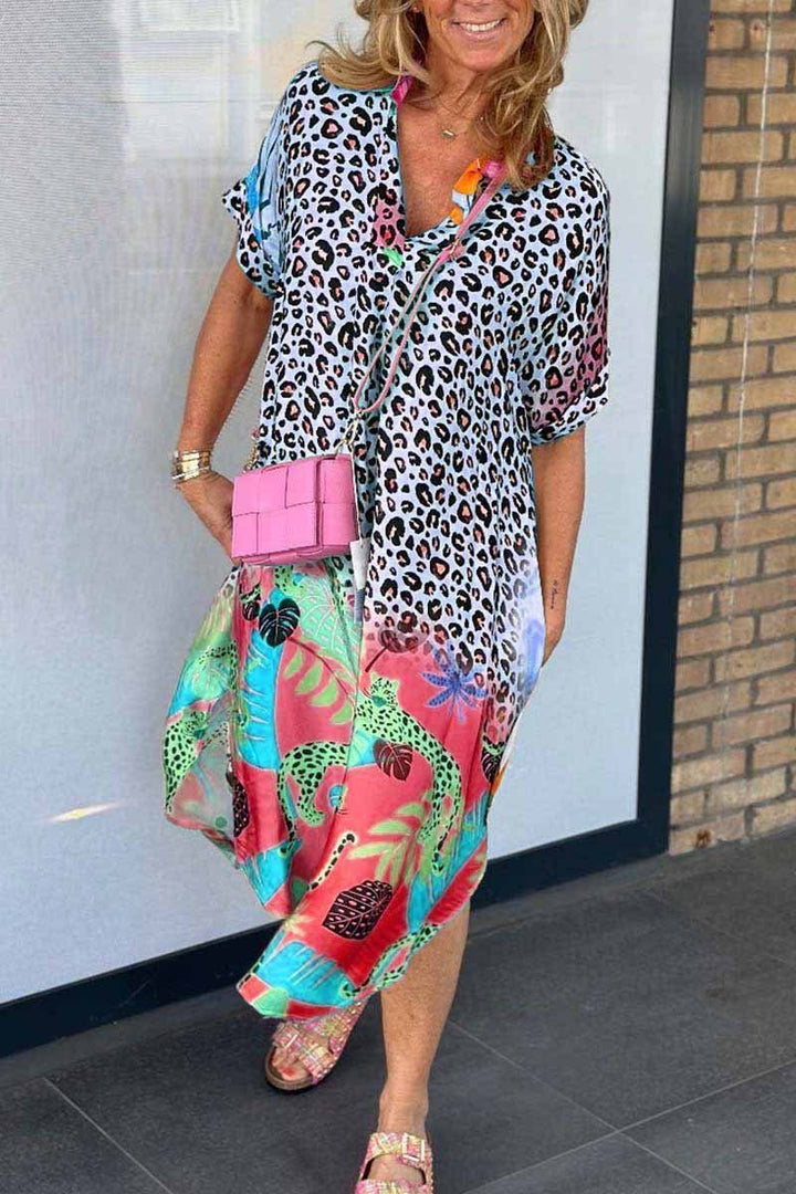 Irene | Midi Summer Dress with Leopard Print and Short Sleeves