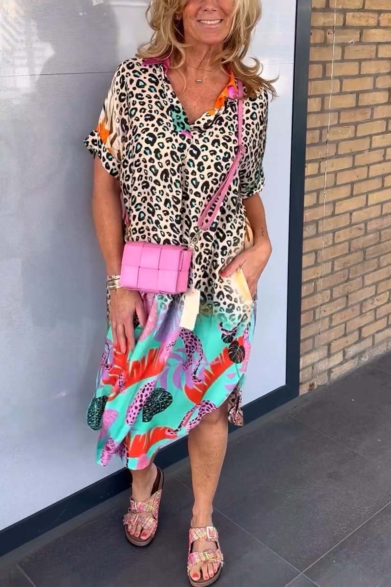 Irene | Midi Summer Dress with Leopard Print and Short Sleeves