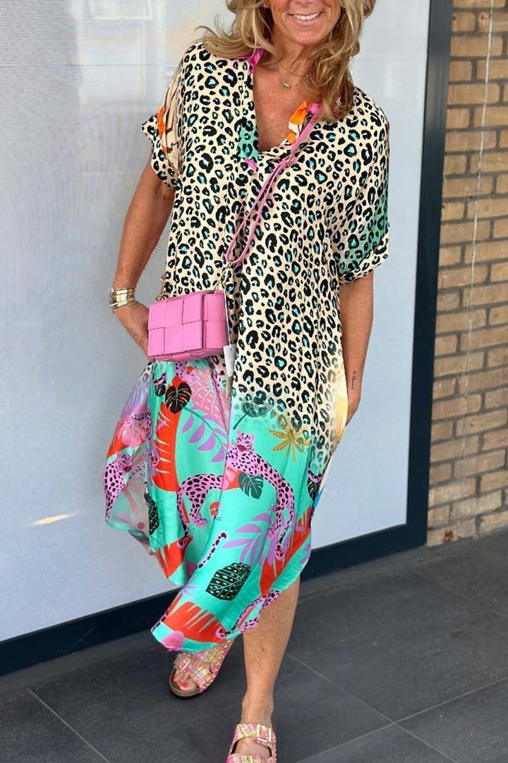Irene | Midi Summer Dress with Leopard Print and Short Sleeves