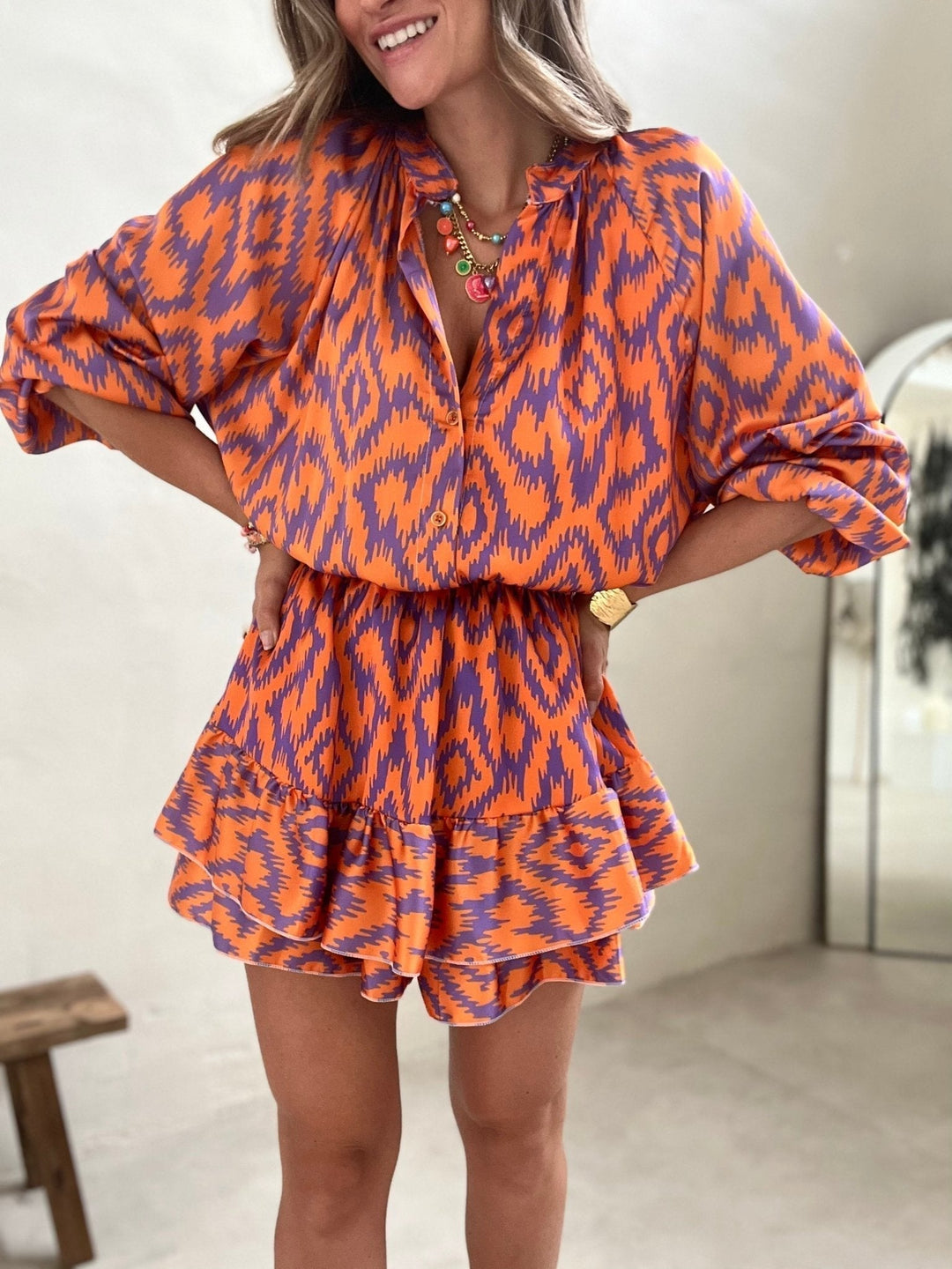 Eleanor | Mini Shirt Dress with Boho Print and Ruffle Hem