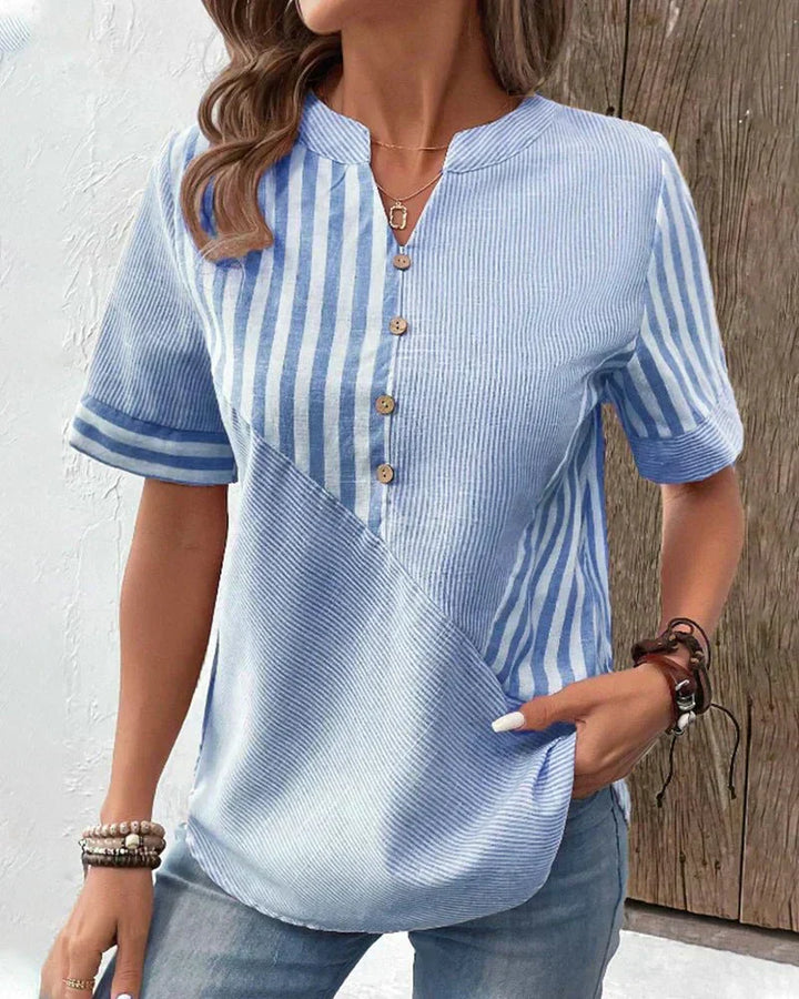 Nia | Striped Top with V Neckline and Button Detail