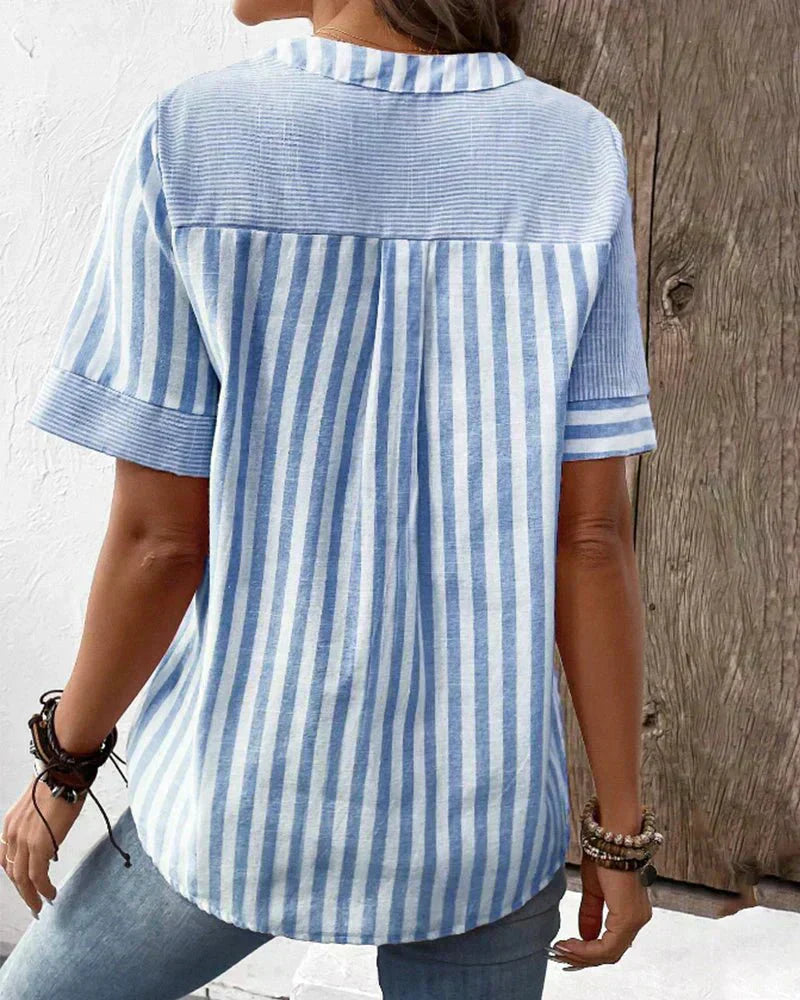 Polly | Striped Top with V Neckline and Button Detail