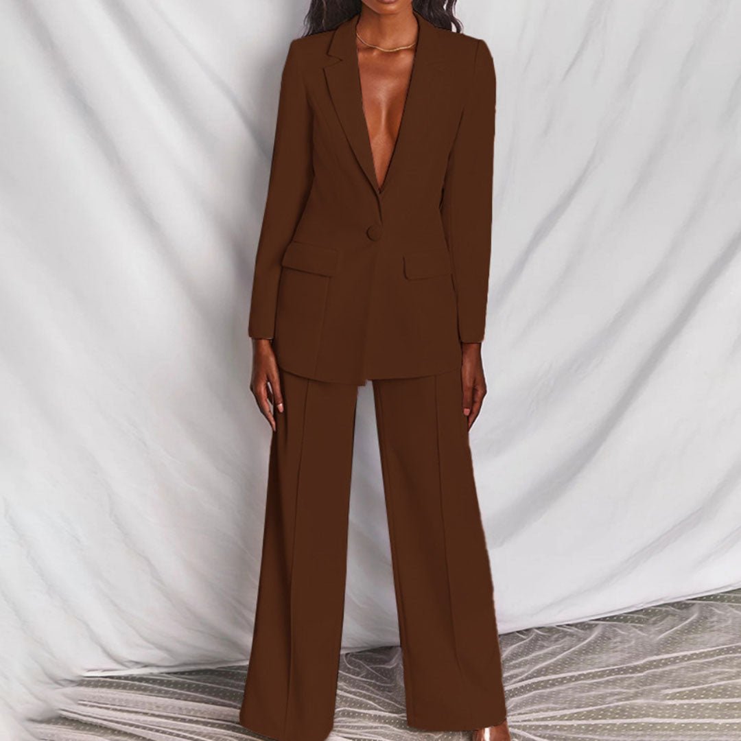 Serena | Blazer Set with Wide Leg Trousers and Deep V Lapel