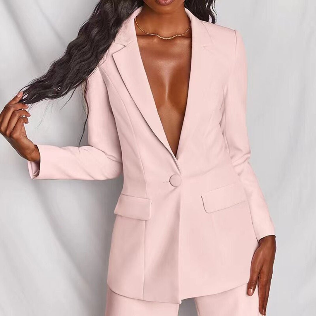 Serena | Blazer Set with Wide Leg Trousers and Deep V Lapel