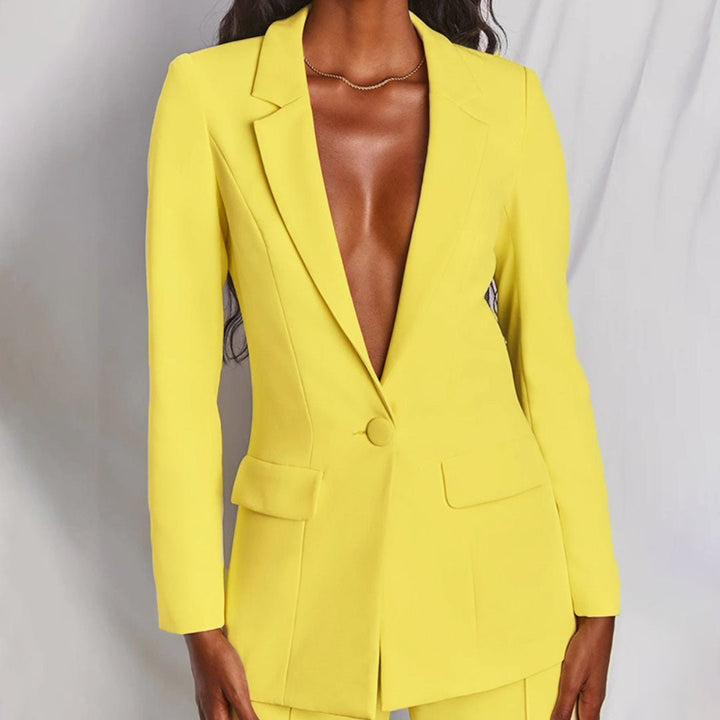 Serena | Blazer Set with Wide Leg Trousers and Deep V Lapel