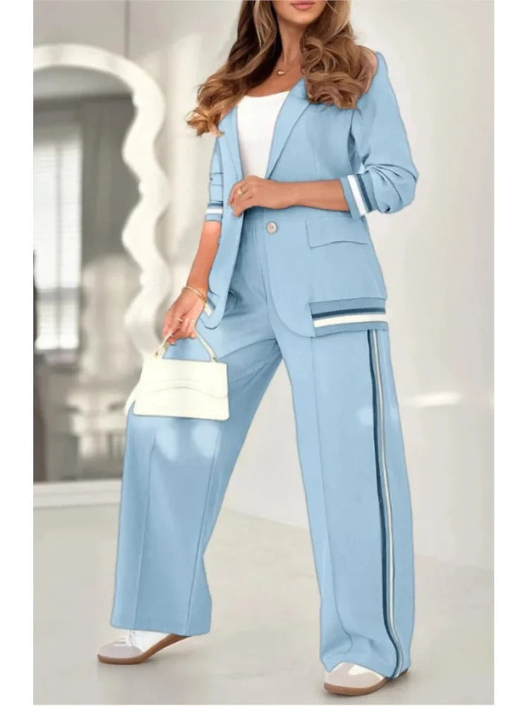 Women's Blazer and Straight Leg Pants Set with Contrast Stripe